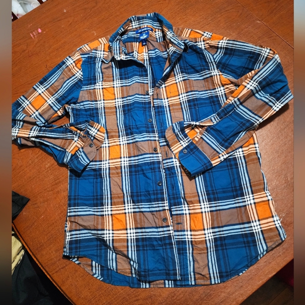Old Navy Blue, Orange, and Brown Plaid Shirt